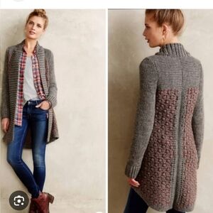 Anthropologie Medium Open Cardigan Moth Gray Maroon Long Cardigan 48% Wool